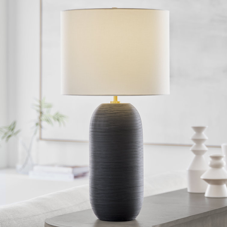 Rough Black Ceramic Table Lamp with White Linen Shade