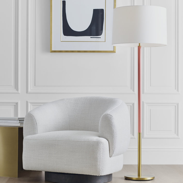 61.88'' Burnished Brass and Coral Steel Floor Lamp with White Linen Shade