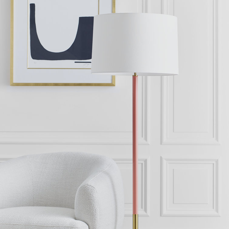 61.88'' Burnished Brass and Coral Steel Floor Lamp with White Linen Shade