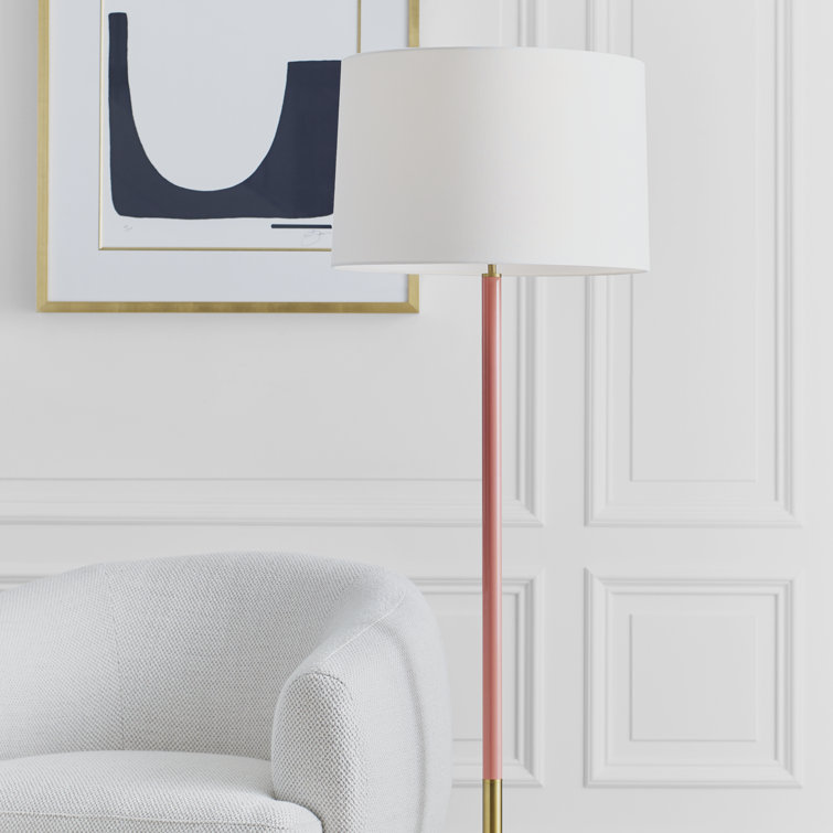 61.88'' Burnished Brass and Coral Steel Floor Lamp with White Linen Shade
