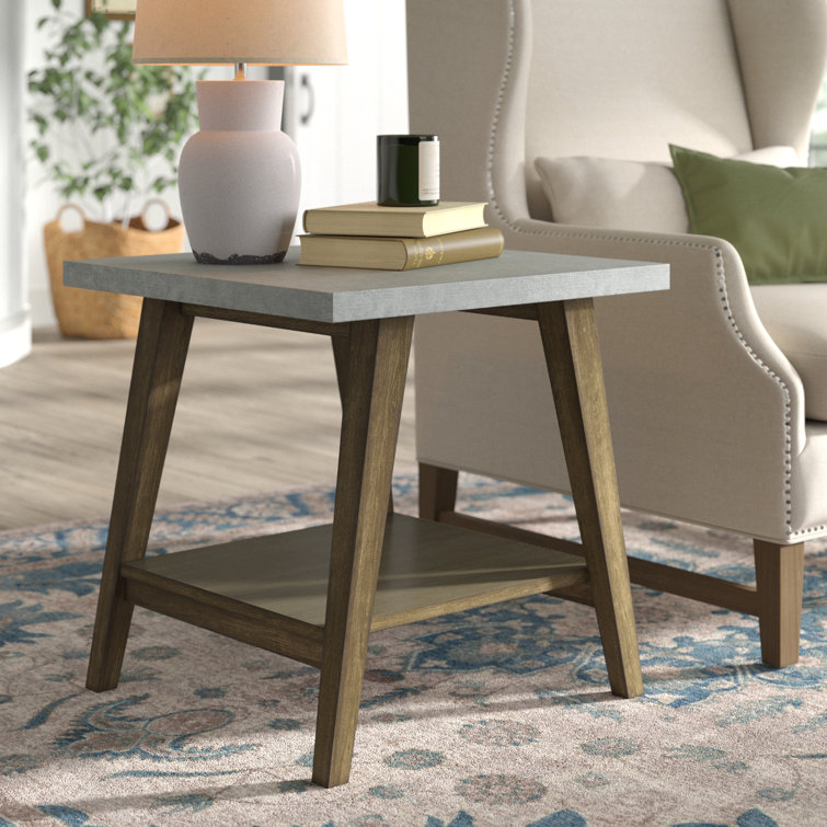 Transitional Auburn Wood & Concrete Gray Square End Table