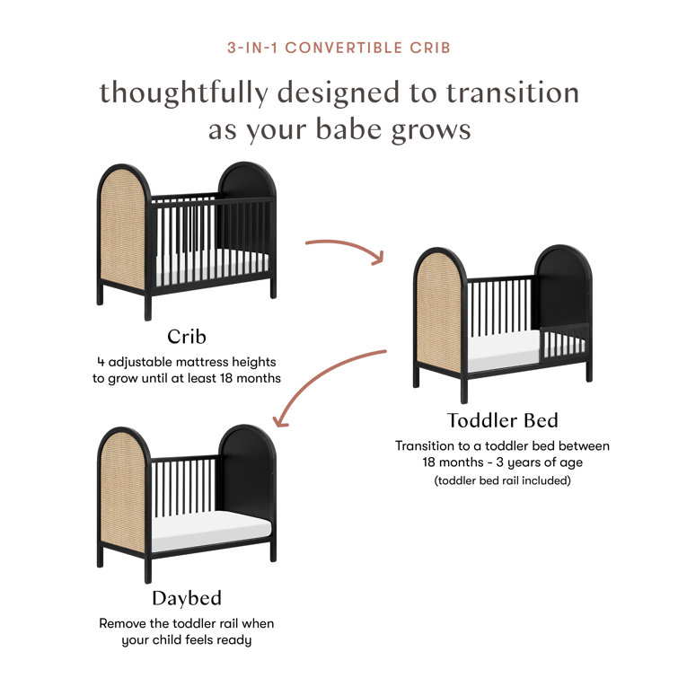 Bondi Black and Natural Cane 3-in-1 Convertible Crib
