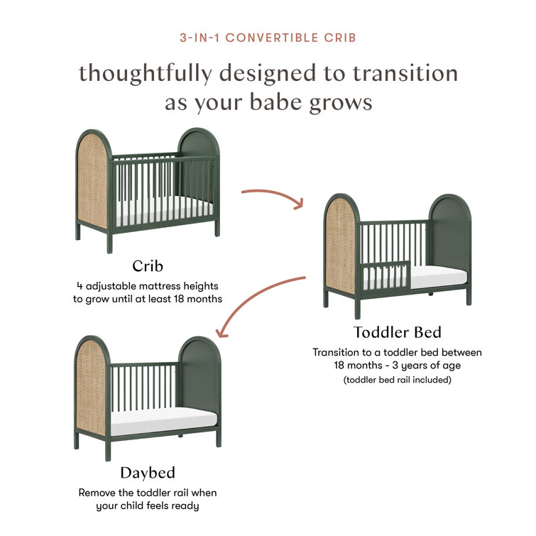 Forest Green and Natural Cane 3-in-1 Convertible Crib