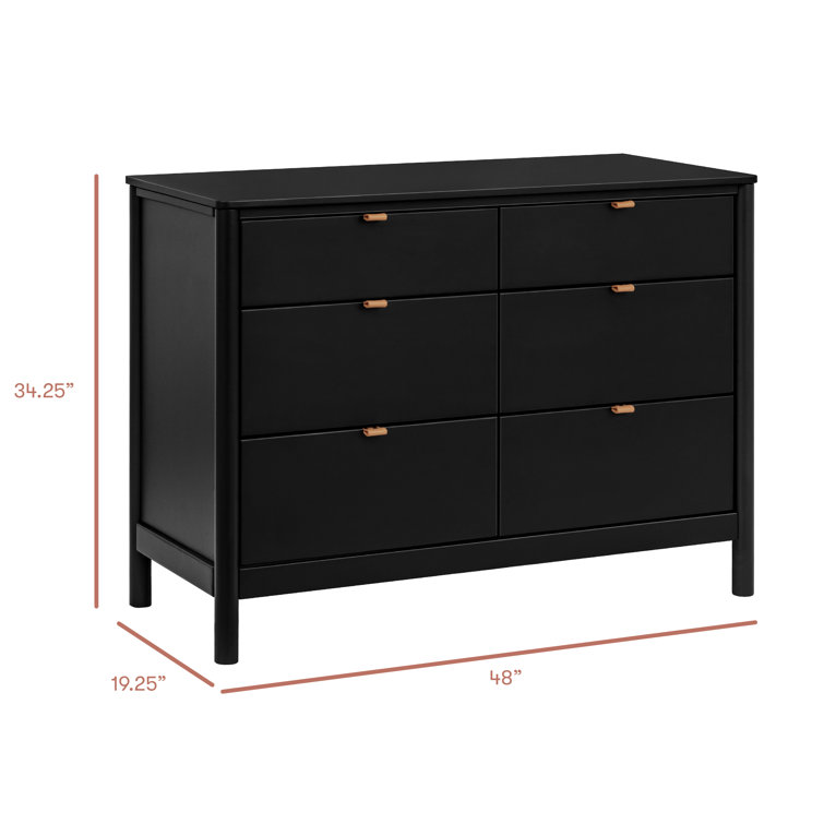Black Pinewood 6-Drawer Dresser with Vegan Leather Pulls