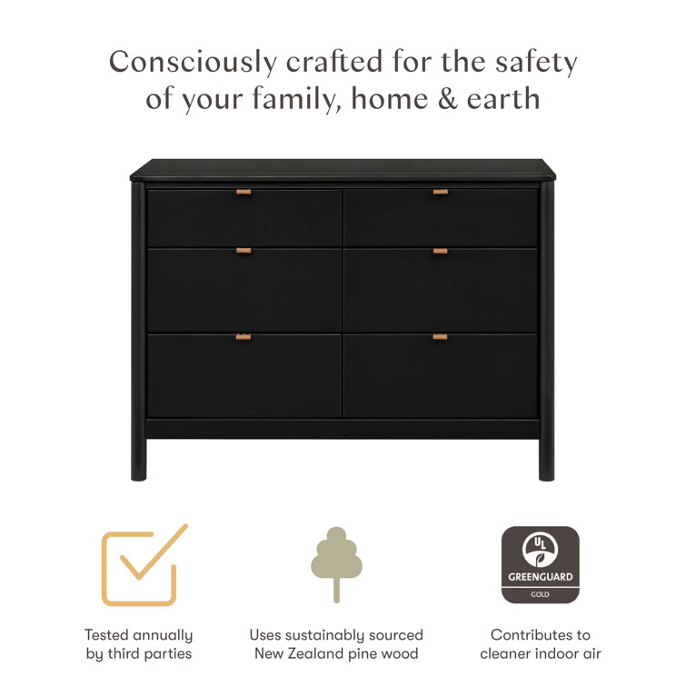 Black Pinewood 6-Drawer Dresser with Vegan Leather Pulls