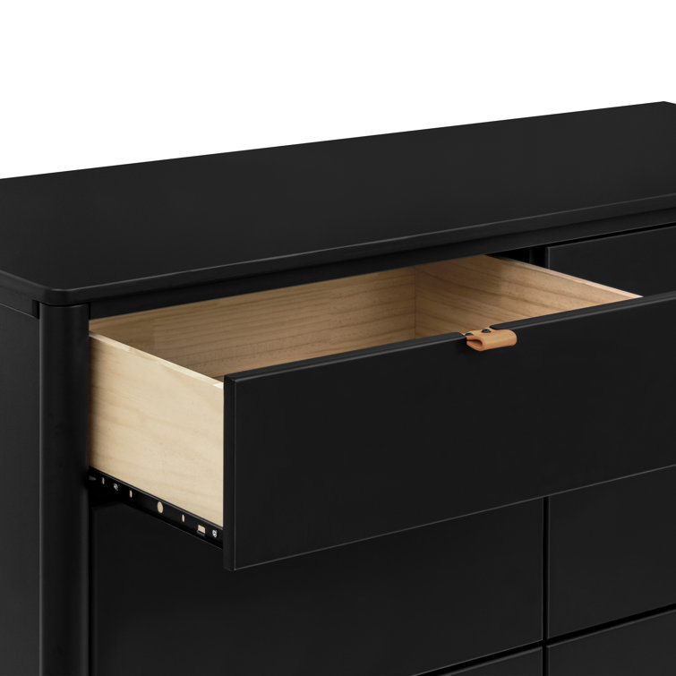 Black Pinewood 6-Drawer Dresser with Vegan Leather Pulls