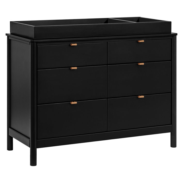 Black Pinewood 6-Drawer Dresser with Vegan Leather Pulls