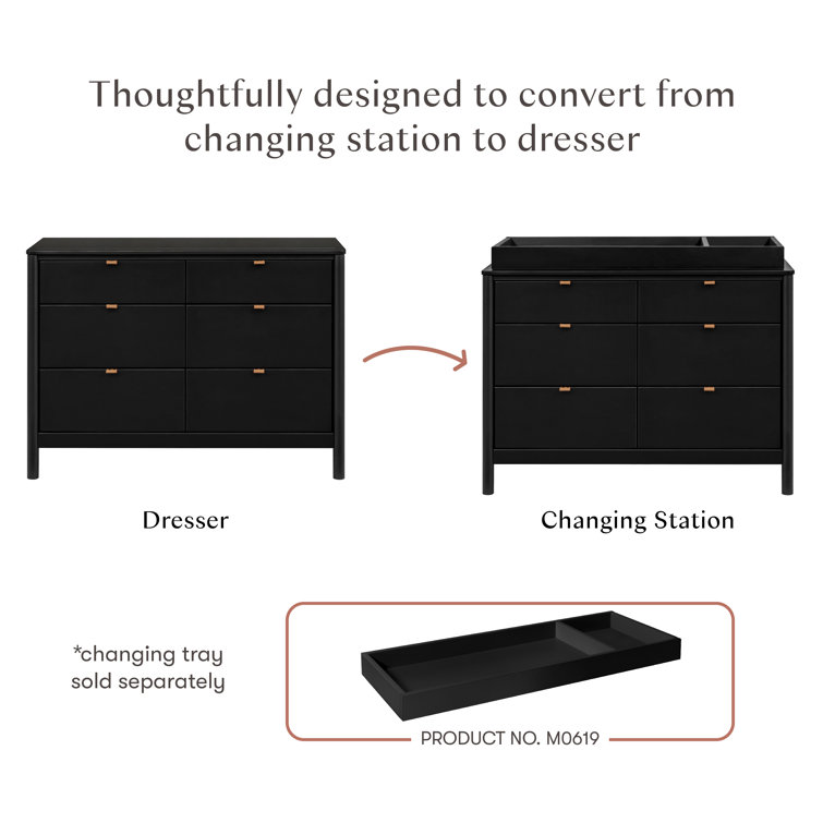 Black Pinewood 6-Drawer Dresser with Vegan Leather Pulls