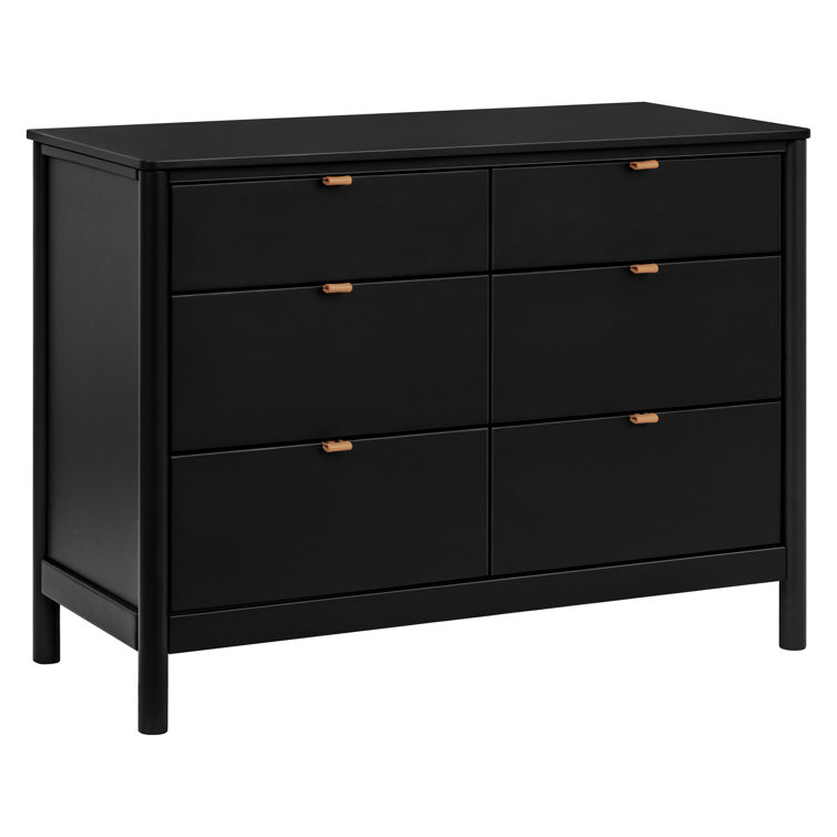 Black Pinewood 6-Drawer Dresser with Vegan Leather Pulls