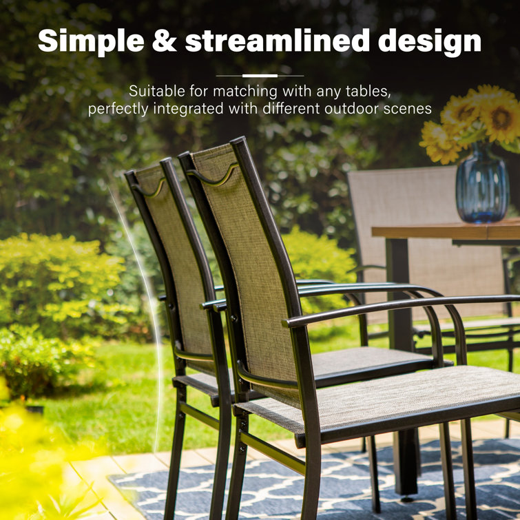 Black Steel Outdoor Dining Armchair with Brown Cushions