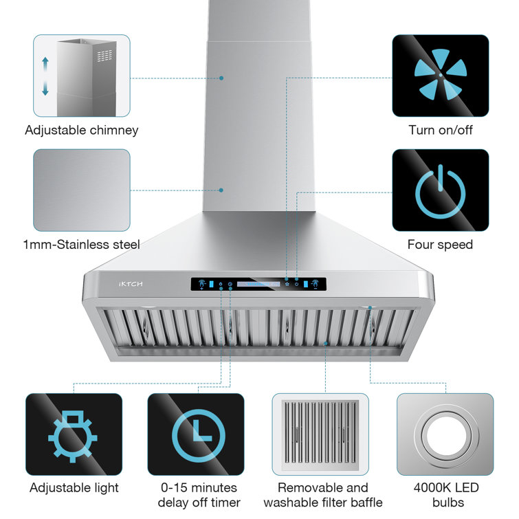 36'' Stainless Steel Convertible Wall Mount Range Hood with Charcoal Filter
