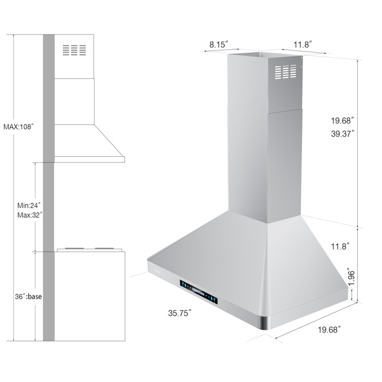 36'' Stainless Steel Convertible Wall Mount Range Hood with Charcoal Filter