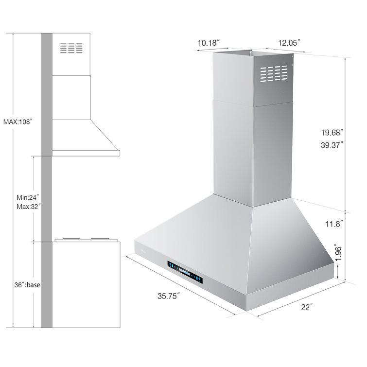 36'' Stainless Steel Convertible Wall Mount Range Hood with Charcoal Filter
