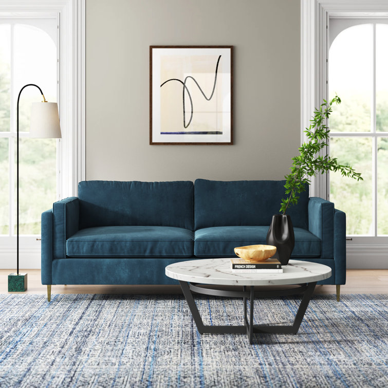 Sapphire Blue Velvet Sofa with Antique Brass Legs