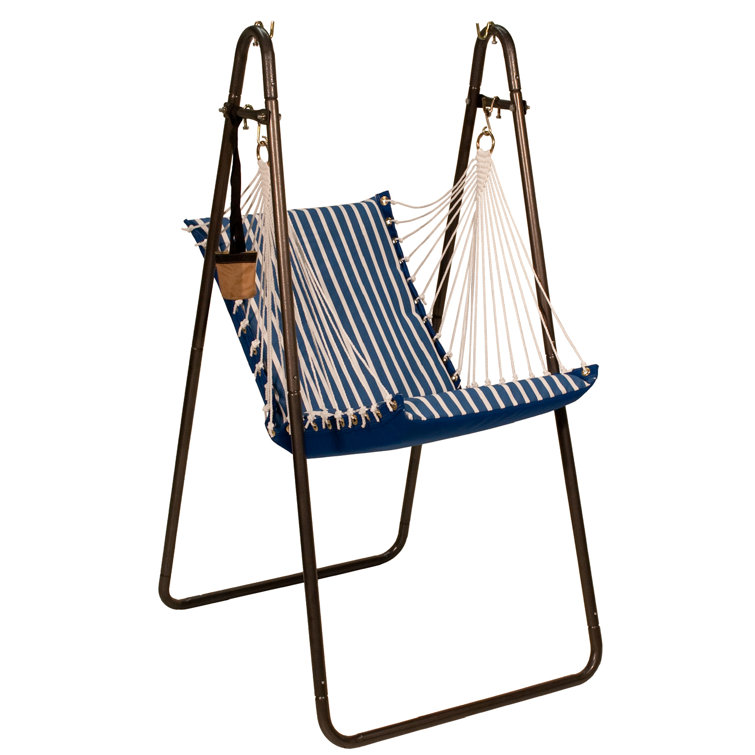 Regatta Blue Striped Sunbrella Hanging Chair with Cushions and Stand