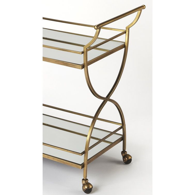 Graci Antique Gold 38" Contemporary Bar Cart with Mirrored Shelves