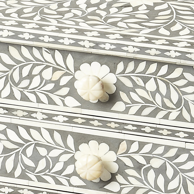 Petite Gray Bone Inlay Floral Nightstand with Storage