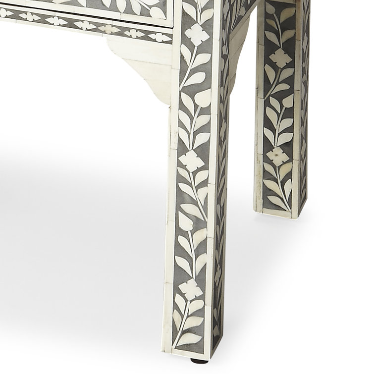 Petite Gray Bone Inlay Floral Nightstand with Storage