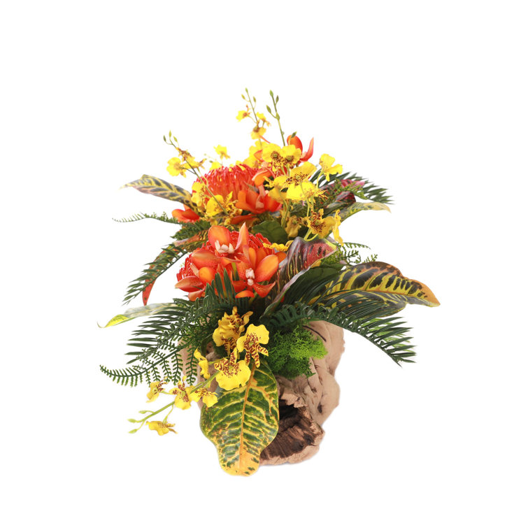 Vibrant Tropical Faux Flower Arrangement in Grapevine Log Planter