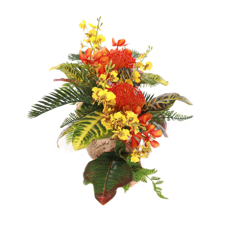 Vibrant Tropical Faux Flower Arrangement in Grapevine Log Planter