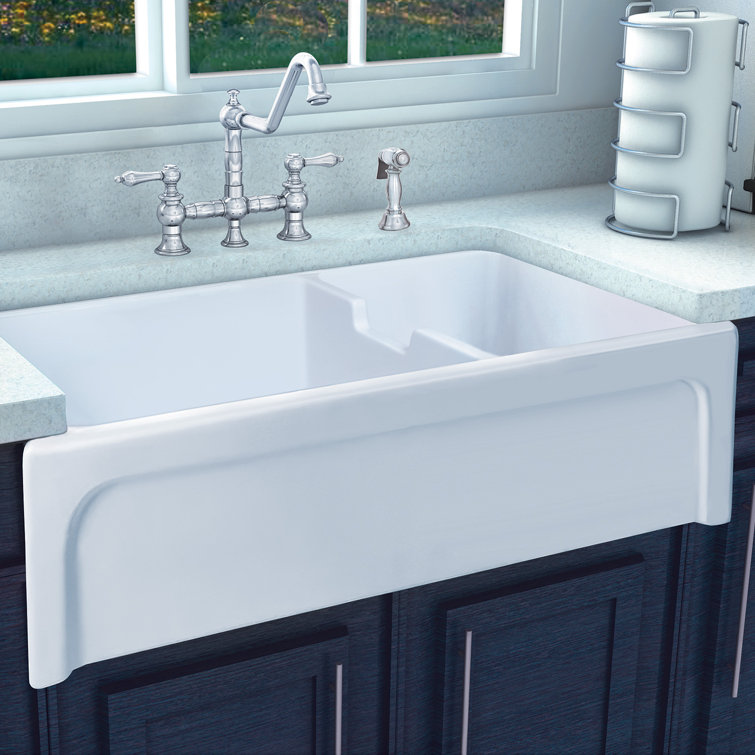 White 43" Fireclay Double Bowl Farmhouse Kitchen Sink
