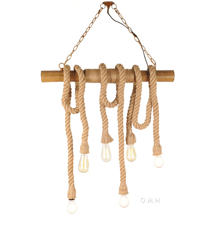 Rustic Brown Rope and Bamboo 6-Light Pendant Lamp