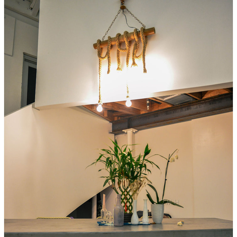 Rustic Brown Rope and Bamboo 6-Light Pendant Lamp