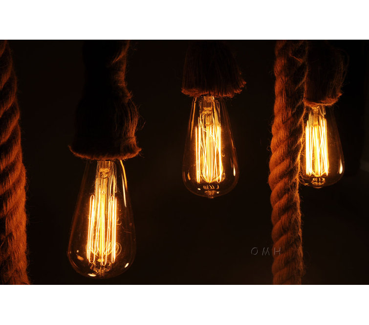 Rustic Brown Rope and Bamboo 6-Light Pendant Lamp