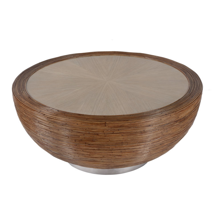 Brown Round Wood Coffee Table with Storage and Rattan Wrap