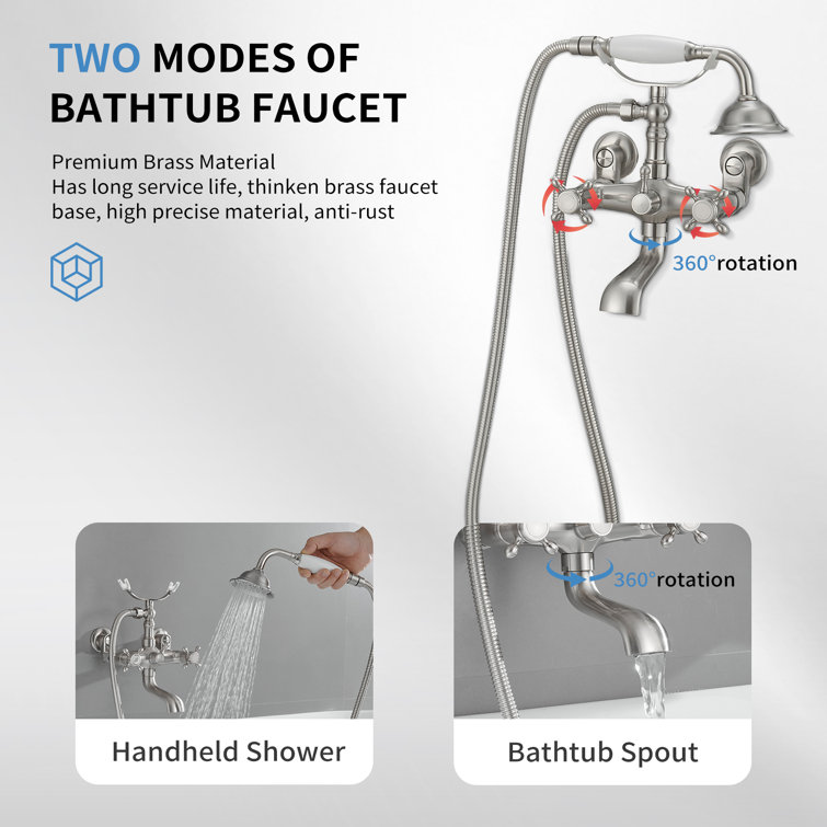 Brushed Nickel Wall-Mounted Clawfoot Tub Faucet with Handheld Shower