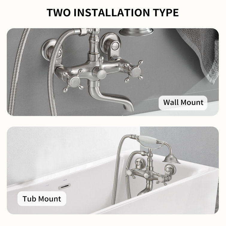 Brushed Nickel Wall-Mounted Clawfoot Tub Faucet with Handheld Shower