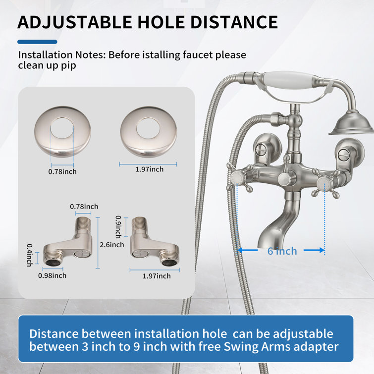 Brushed Nickel Wall-Mounted Clawfoot Tub Faucet with Handheld Shower