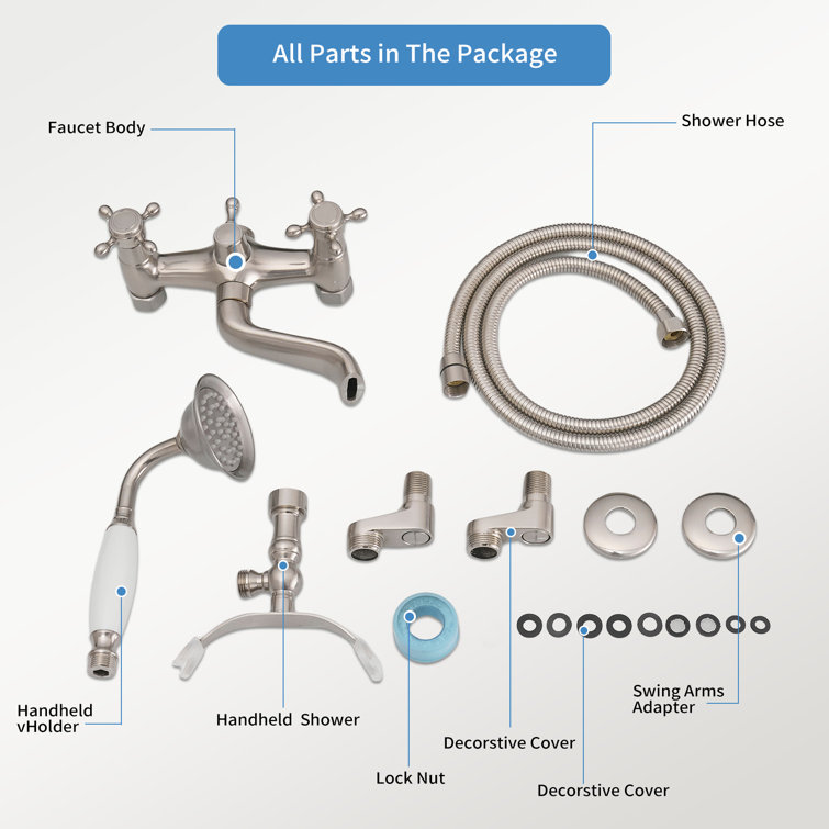 Brushed Nickel Wall-Mounted Clawfoot Tub Faucet with Handheld Shower