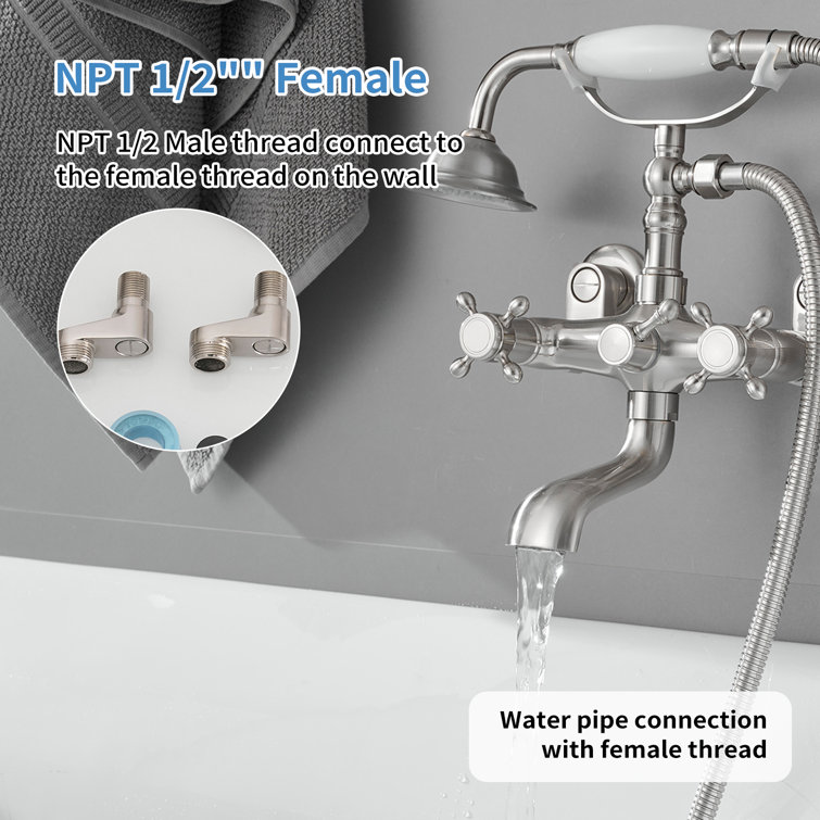 Brushed Nickel Wall-Mounted Clawfoot Tub Faucet with Handheld Shower