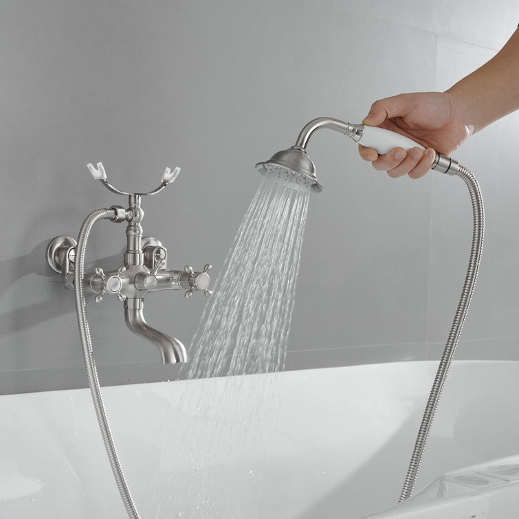 Brushed Nickel Wall-Mounted Clawfoot Tub Faucet with Handheld Shower