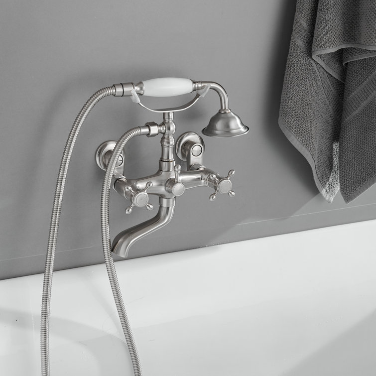 Brushed Nickel Wall-Mounted Clawfoot Tub Faucet with Handheld Shower