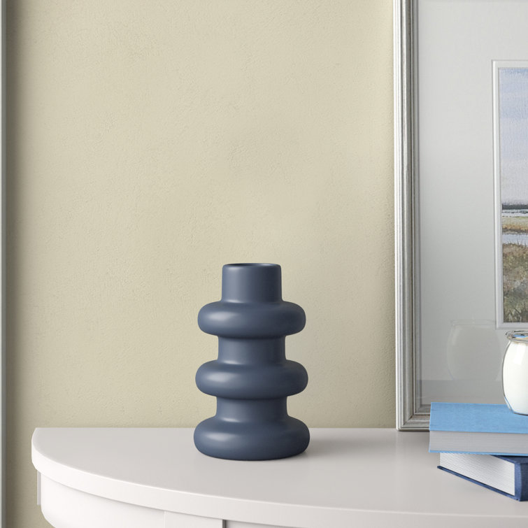 8'' Navy Blue Ribbed Ceramic Table Vase