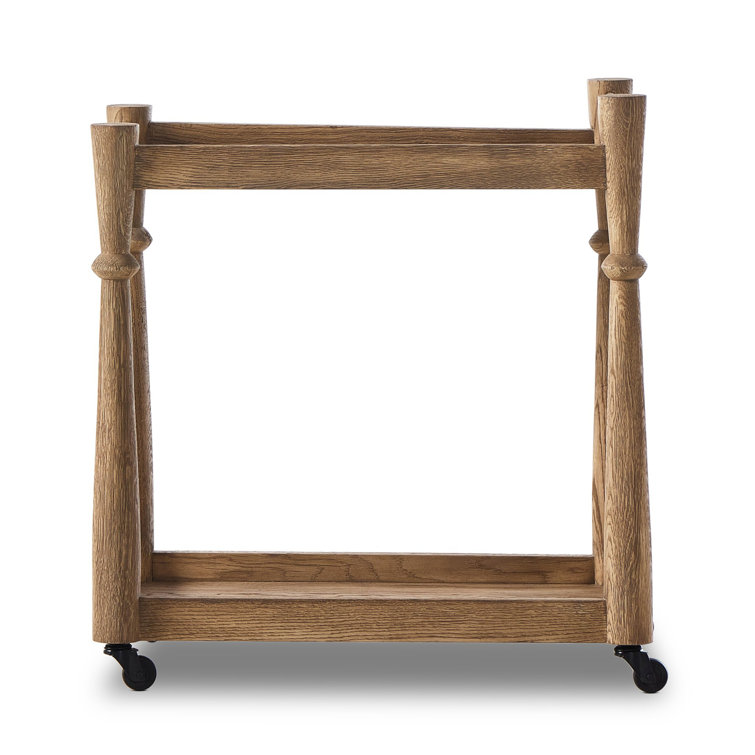 Light Wash Oak Bar Cart with Storage and Wheels
