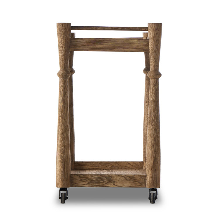 Light Wash Oak Bar Cart with Storage and Wheels