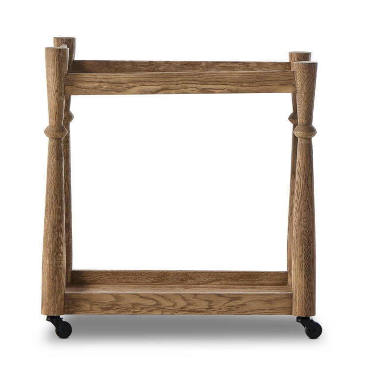 Light Wash Oak Bar Cart with Storage and Wheels