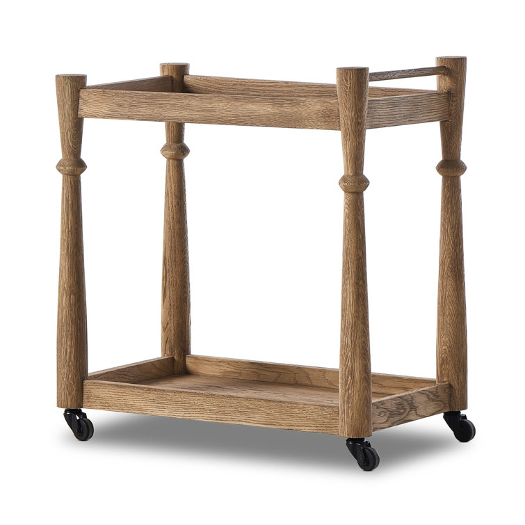 Light Wash Oak Bar Cart with Storage and Wheels