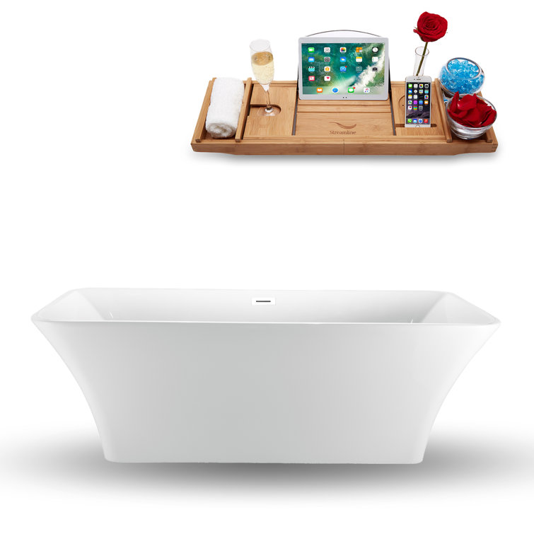 Glossy White Acrylic Freestanding Oval Soaking Bathtub with Bamboo Tray