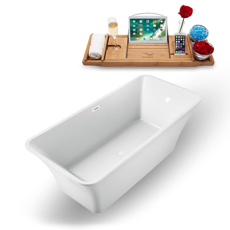 Glossy White Acrylic Freestanding Oval Soaking Bathtub with Bamboo Tray