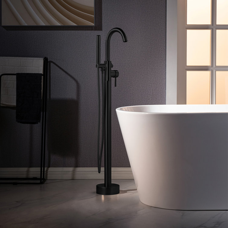 Matte Black Single Handle Floor Mount Tub Filler with Hand Shower