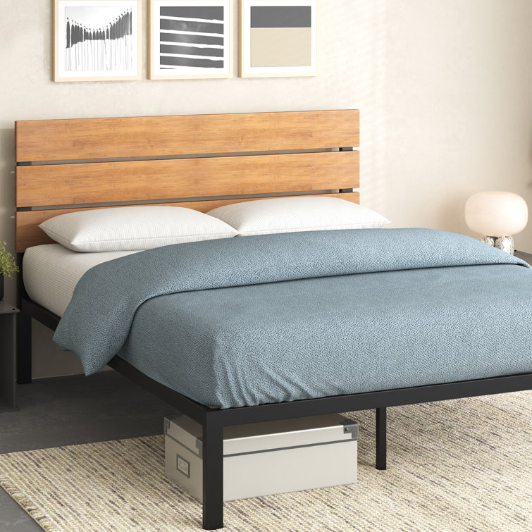 King Black Metal and Bamboo Wood Platform Bed with Slats and Drawer