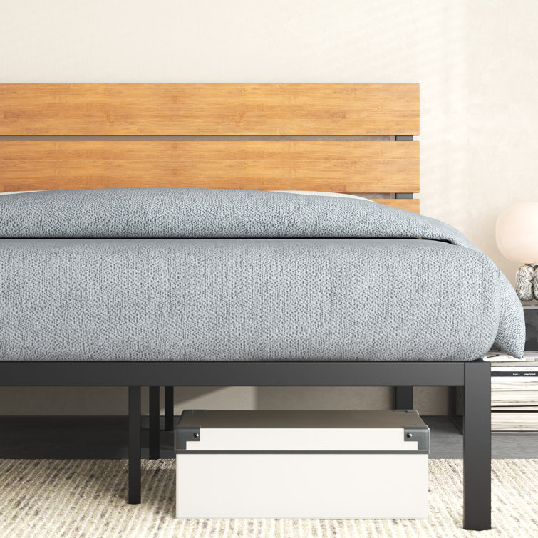 King Black Metal and Bamboo Wood Platform Bed with Slats and Drawer