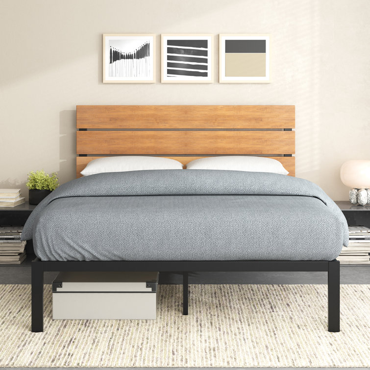 King Black Metal and Bamboo Wood Platform Bed with Slats and Drawer