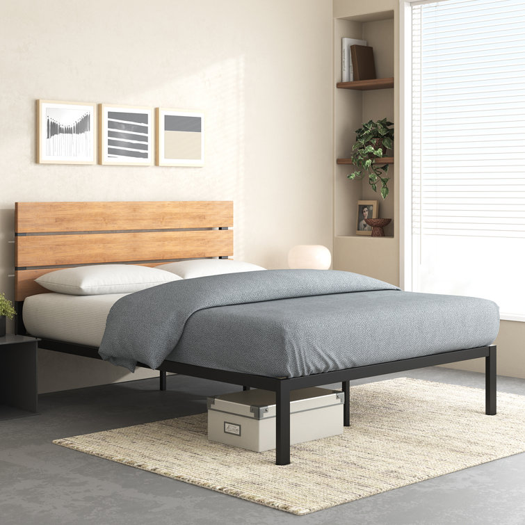 King Black Metal and Bamboo Wood Platform Bed with Slats and Drawer