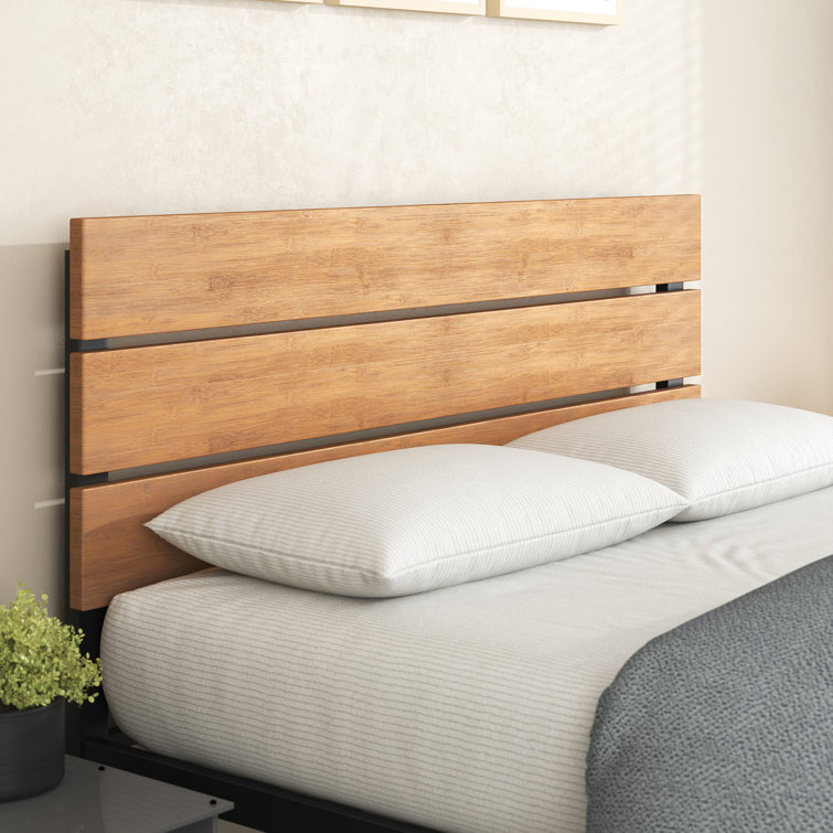 King Black Metal and Bamboo Wood Platform Bed with Slats and Drawer