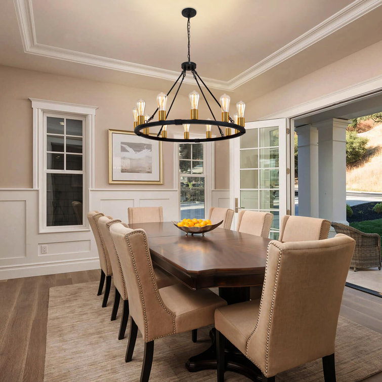 Black and Gold 12-Light Wagon Wheel Chandelier